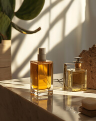 Bottle of perfume on wooden table near window with sunshine, for product mock up