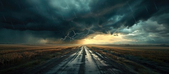 Heading towards the stormy tornado, driving on a road with lightning and fields of crops.