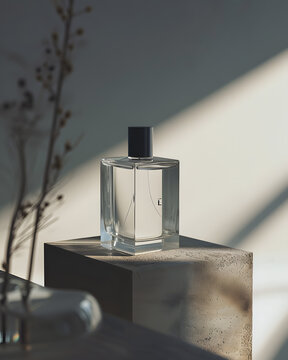 Bottle of perfume on wooden table near window with sunshine, for product mock up