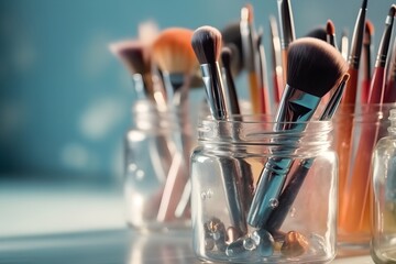 Makeup brushes in a glass on pastel background