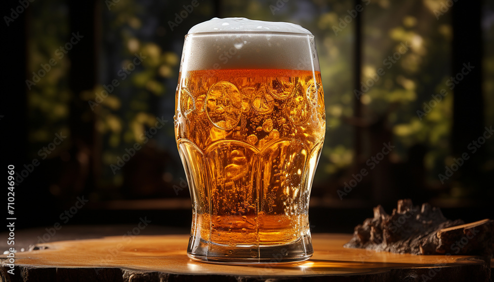 Sticker beer glass on wooden table, frothy drink, amber liquid, refreshing generated by ai