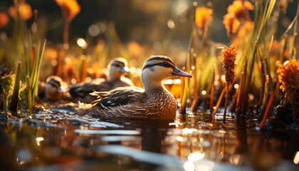 Beautiful mallard duck reflects in tranquil pond generated by AI - obrazy, fototapety, plakaty