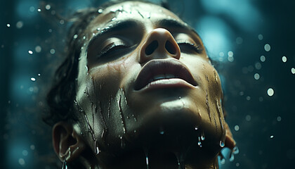 Smiling woman enjoys raindrop, outdoors, close up, beauty, and relaxation generated by AI