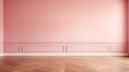An empty room with wooden floors and pink walls.