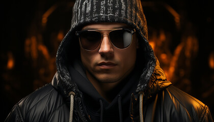 Young adult male in sunglasses looking at camera generated by AI