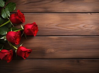 Bouquet red roses on a wooden background