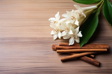 Fototapeta premium Vanilla and flowers on wood