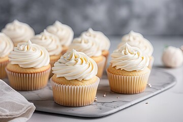 Vanilla cupcakes with cream cheese and sugar candy on gray background dessert for birthday focused and spacious