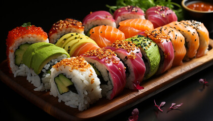 Freshness and variety on a plate, sushi rolls and sashimi generated by AI