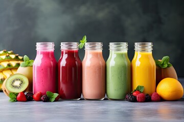 Variety of organic fruit smoothies in glass bottles emphasizing health and detox benefits