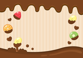 バレンタインのイメージのフレーム背景素材、フルーツのチョコレートがけとベージュのストライプ柄