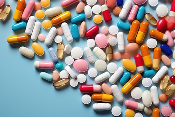 Various vibrant medicines and pills observed from a higher vantage point