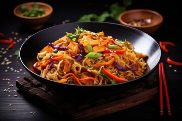 Vegetarian Asian meal of stir fried noodles with red cabbage carrot and a vegan twist presented in a bowl on a black wooden surface