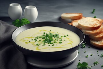 Vegetarian comfort meal Creamy potato and leek soup on a bright grey background