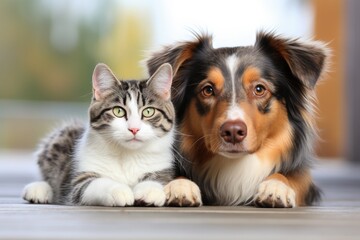 Obraz premium Cat and dog gazing into the camera against a white backdrop