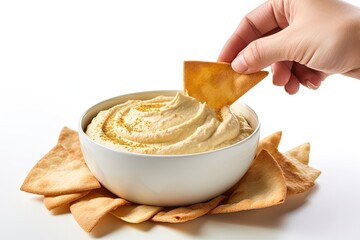 Vertical format photo of pita bread dipped in hummus on white background with empty space for text - obrazy, fototapety, plakaty
