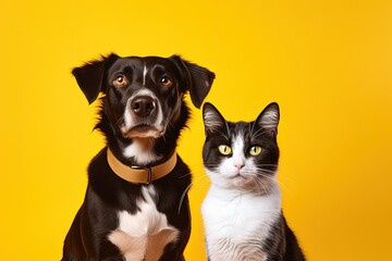 Cat and dog posing before yellow background