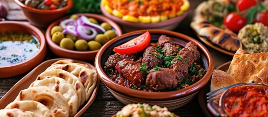 Turkish meze and appetizers served traditionally during dinner.