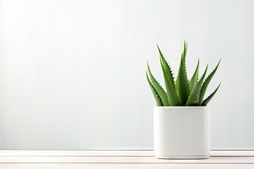 White table with a potted aloe vera plant on it front view providing space for text or mockup - Powered by Adobe