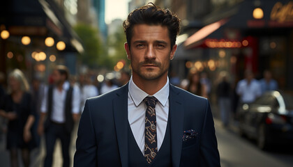Fototapeta premium Confident businessman in suit walking in city at night generated by AI
