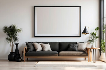 modern living room with rustic gray sofa, monochrome interior accent with big artwork frame mockup