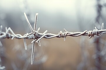 Winter day with cloudy sky barbed wire on the light fence background - obrazy, fototapety, plakaty