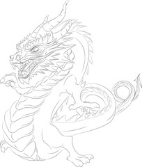 Line art of dancing dragon without wings
Vector illustration of an Asian dancing green wood dragon pointing with its right paw finger. Chinese dragon with horns, teeth, mustache, paws, tail and horny