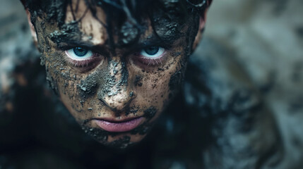 Child's intense gaze with face covered in mud.