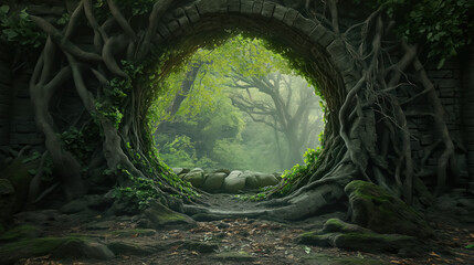 Mystical forest portal with entwined tree roots.