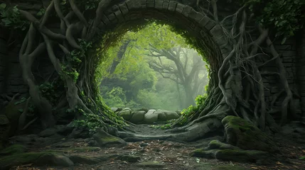 Crédence de cuisine en verre imprimé Route en forêt Mystical forest portal with entwined tree roots.