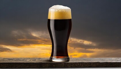 A glass of beer on a wooden table.