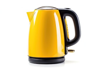 Yellow electric kettle thermos on white background Stainless steel modern kettle with overheating protection and concealed heating element Side view Small dome