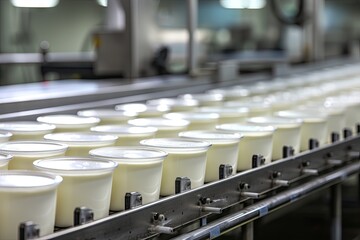 Yogurt containers on dairy farm production line