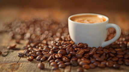 Espresso cup surrounded by coffee beans.