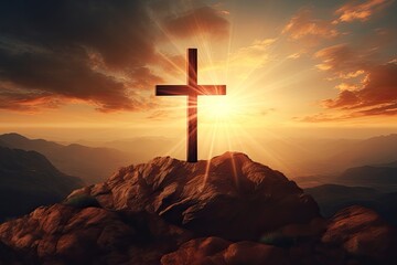 Christian cross on a stunning mountain backdrop with dramatic lighting and sun rays symbolizing...
