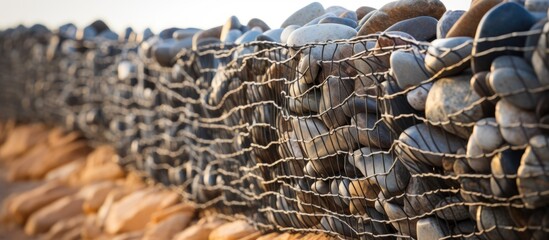 Close-up of a gabion fence with a natural stone design.