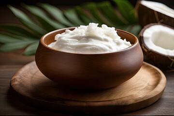 Fototapeta na wymiar Coconut Greek yogurt dairy free gluten free probiotic for gut health served in a wooden bowl