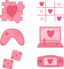 Set of Valentine's day hand drawn vector illustration. Heart puzzle, heart tic-tac-toe, gamepad, games, dice, and PSP pad.