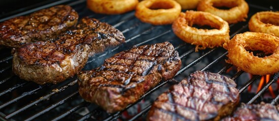 The gas grill cooks ribeye steaks and onion rings perfectly.