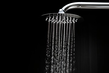 Contemporary isolated shower head with water on black background - obrazy, fototapety, plakaty