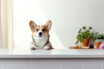 Corgi dog on white table seeks copy space in kitchen