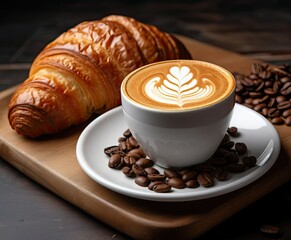 Croissant coffee and latte art on a plate