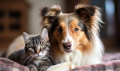 Cute cat and dog cuddling indoors on plaid