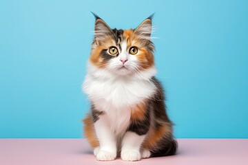 Cute cat sitting in front of blue background looking at camera Young female kitten