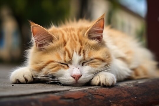 Cute brown and white street cat sleeping tiredly on a table with a selective focus