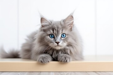 Adorable gray longhair kitten with big blue eyes resting on a white table Cute fluffy cat licking lips Space available for text
