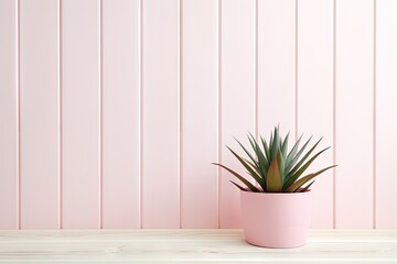 A pink potted aloe vera plant along with cacti and succulent plants sits on a white table against a white wooden wall