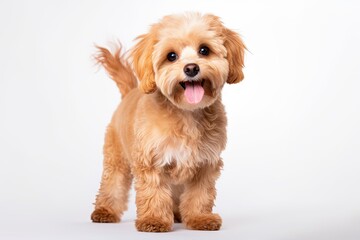 Naklejka na ściany i meble Delighted looking cute small dog with golden fur poses alone on white background Symbolizes motion beauty vet care and pets Ample space for ads design and text