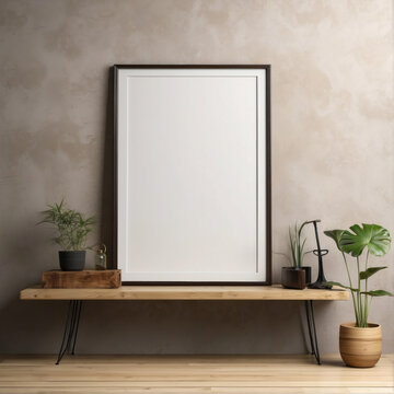 Empty mock up blank poster frame on wooden shelf, minimalistic modern elegant interior
