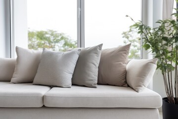 Fototapeta premium Elegant furniture design for home and hotel Grey couch cushions and sofa in modern living room and bedroom against a bright background